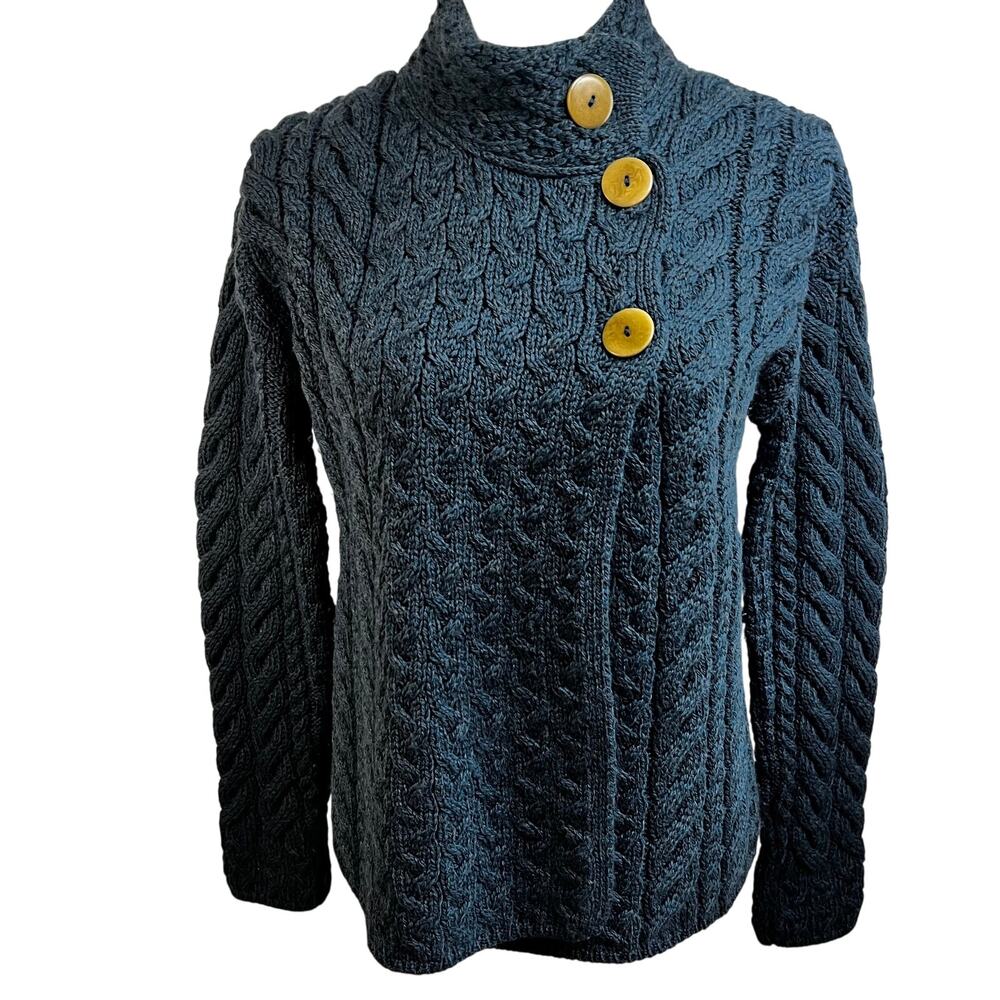 Carraig Donn Irish Wool Aran Cable Knit Asymmetric Cardigan Teal M Heritage